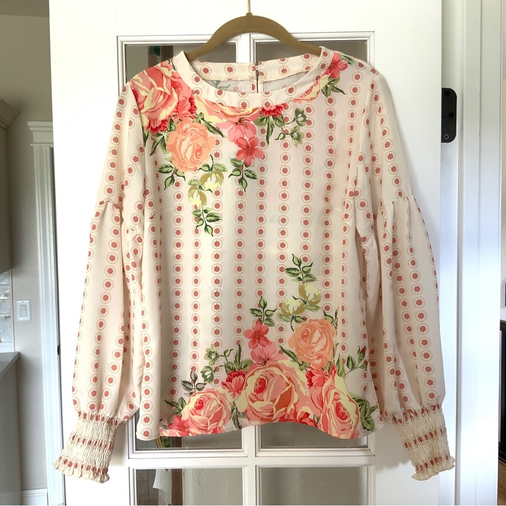 Floral Print Banded Neckline Long Bubble Sleeve Blouse Top NWT - Picture 5 of 12